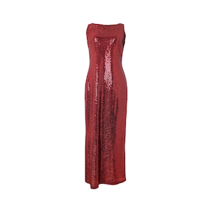 Vintage 90s Y2K Formal Chic Party Going Out Rave Clubwear Red Sequin Sparkle Glitter Sleeveless Tank Floor Length Pencil Maxi Dress | S