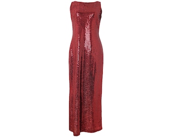 Vintage 90er Jahre Y2K Formelle Rote Pailletten Sparkle Glitter Ärmellose Bodenlange Formelle Maxikleid | Grösse S