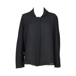 Vintage 70s Mod Hippie Round Collared Long Sleeve Basic Solid Button Up Blouse in Black | Size Small-Medium