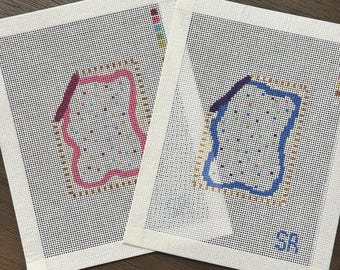 May include: Two needlepoint canvases with stitched designs. One has a pink outline and the other a blue outline. Both have a dotted pattern inside the outline and are on a white mesh background.