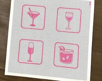 May include: A square canvas featuring four pink cocktail illustrations on a gray background. The images include a martini, wine glass, champagne flute, and a cocktail with ice and a garnish. The canvas is framed with a white border.