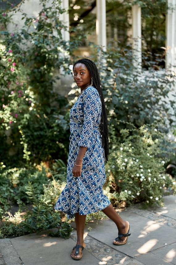 New Tiara wrap Dress hand Block Printed bohemian indigo Blue casual occasional striped pure Cotton ethical Fashion adjustable Waist Etsy UK