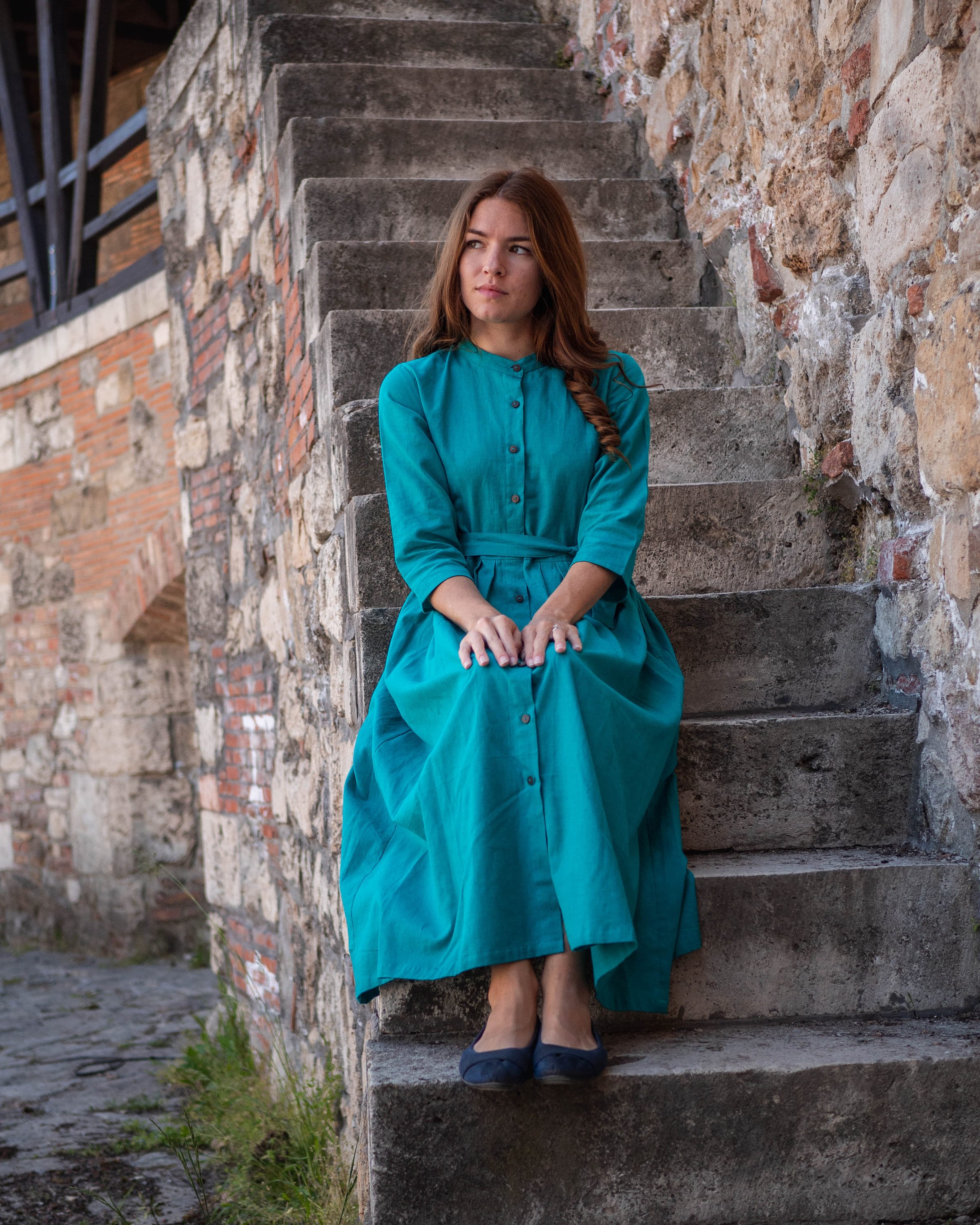 Sofia/turquoise Button Down Dress,pure Cotton,bohemian