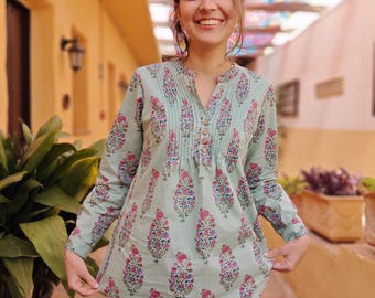 Nueva camisa túnica Mei, algodón puro, estampado a mano con bloques, floral, vacaciones, casual, verde, rosa, boho, kurti, moda ética, hecha a mano, verano