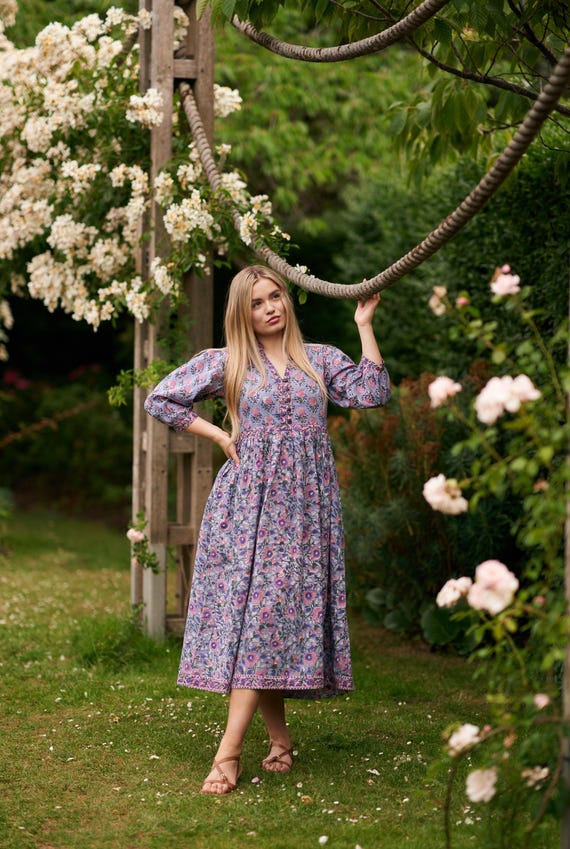 New Florie-Bohemian Midi Dress,Hand Block Printed  Cotton,Casual,Occasional,Pure Cotton,Handcrafted,Ethical  Fashion,Floral,Blue,Rose