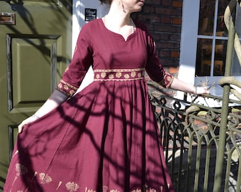 New Padma Anarkali Dress,Pure Cotton,Burgundy Purple-Red,Floral,Bohemian,Occasional,Hand Block Printed,Ethical Fashion,Handcrafted,Panelled