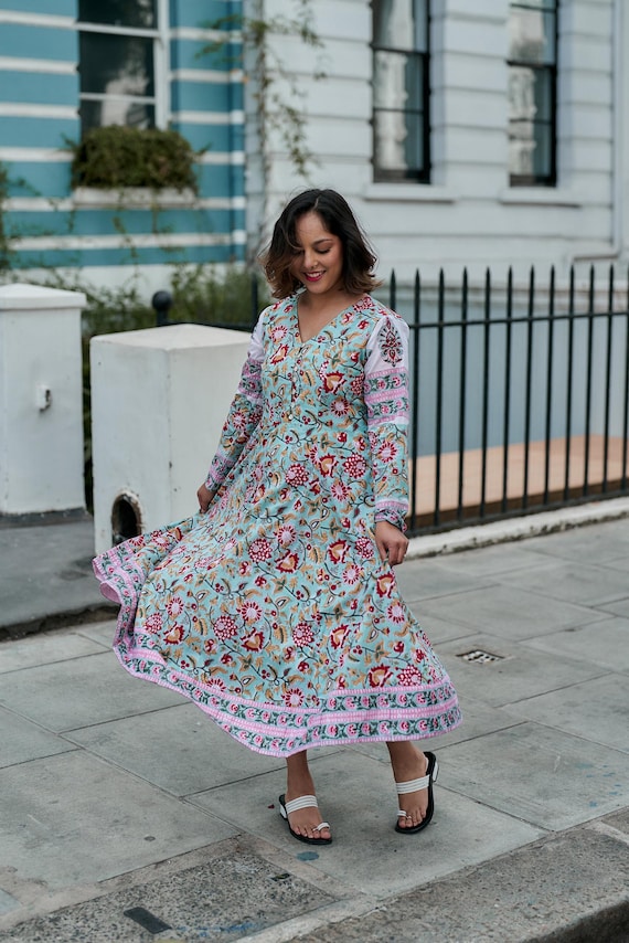 New Bliss-dress,calf Length,hand Block Printed,bohemian,floral,blue,pink, casual,occasional,handmade,ethical Fashion,panelled - Etsy