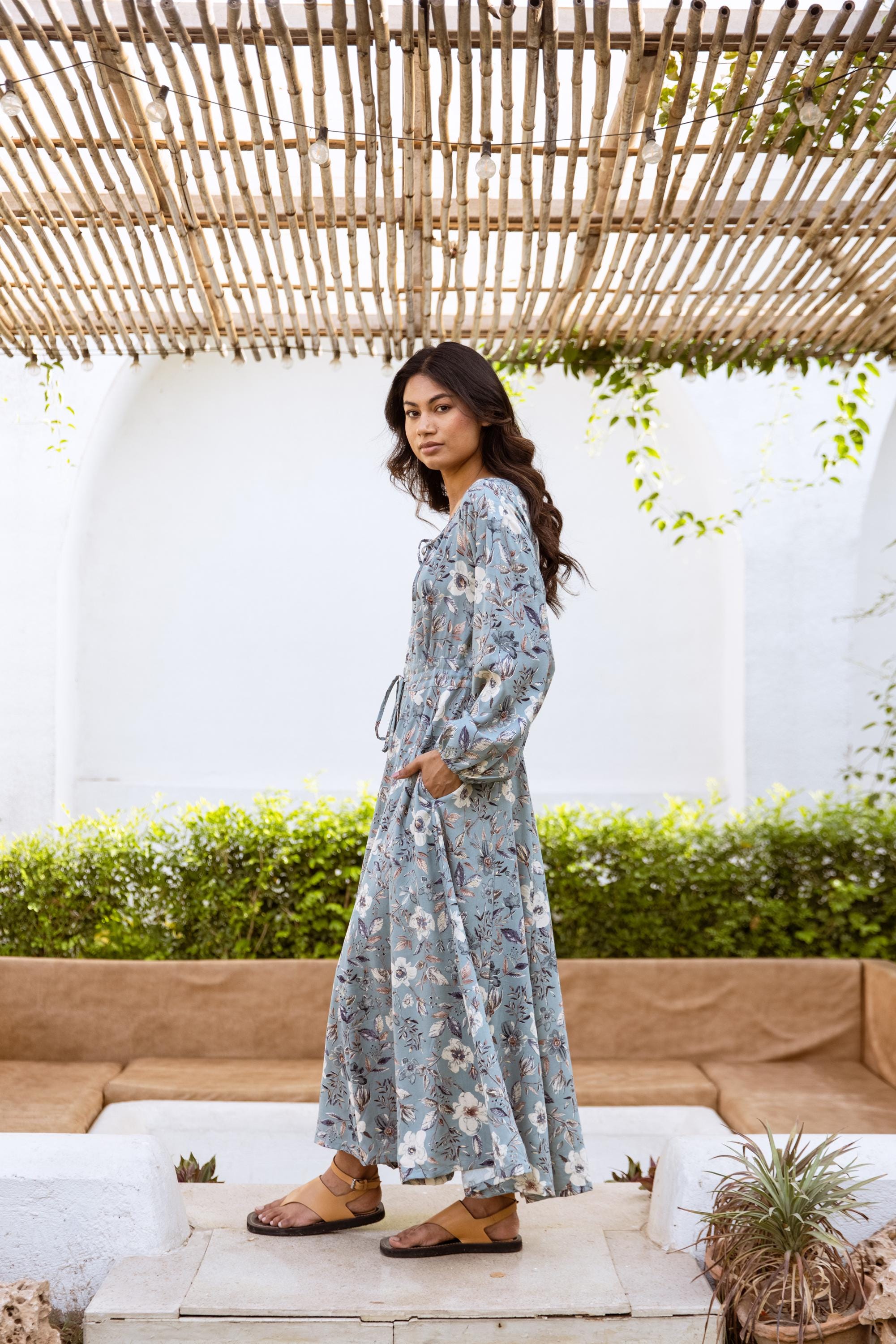 Anemone-bohemian Maxi Dress,hand Printed,rayon,floral,duck