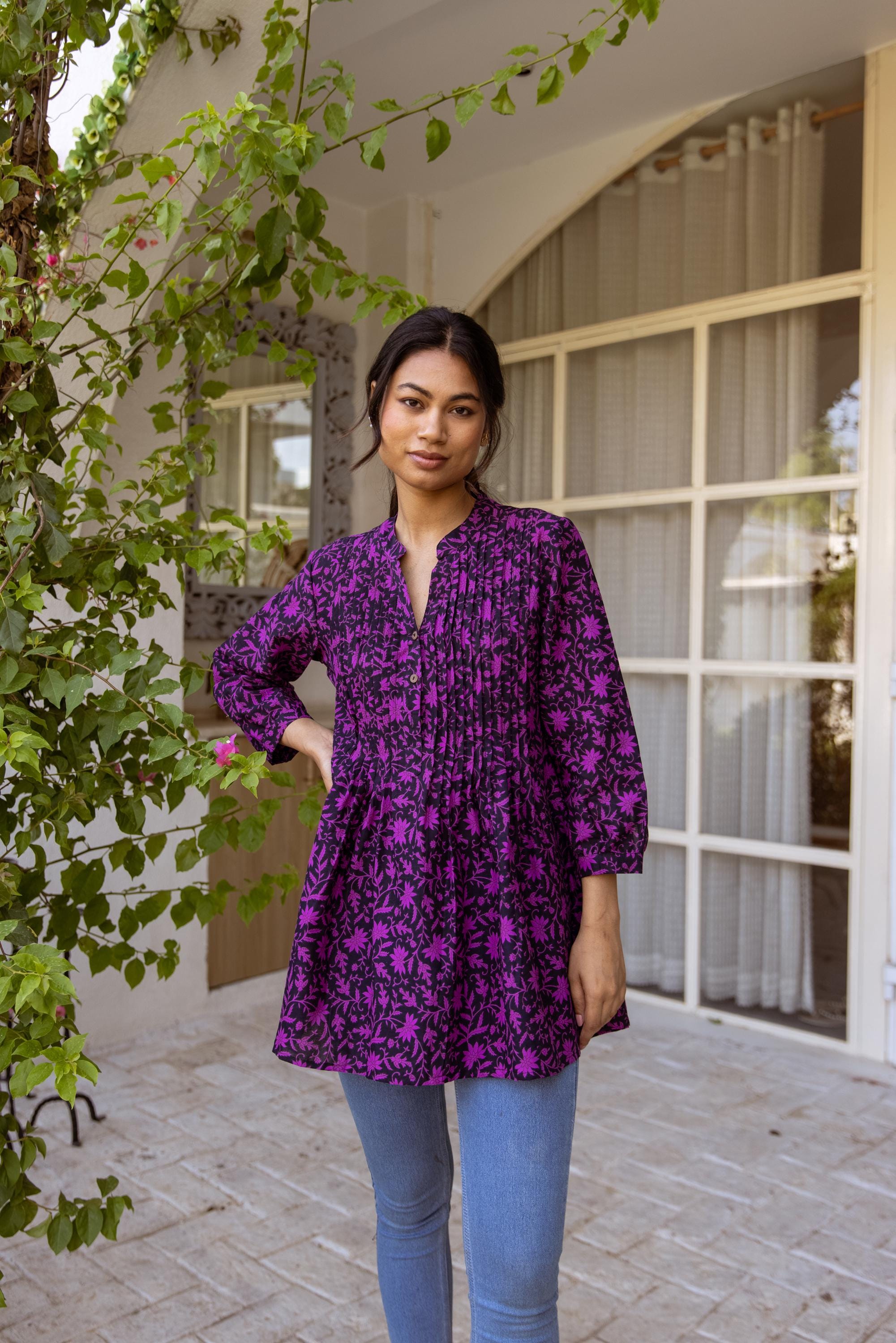 New Orchid Tunic Shirt,pure Cotton,hand Printed,holiday,casual
