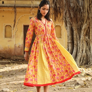 New Shakura-Bohemian Midi Dress,Hand Block Printed Cotton,Casual,Occasional,Pure Cotton,Handcrafted,Ethical Fashion,Floral,Yellow,Pink,Red