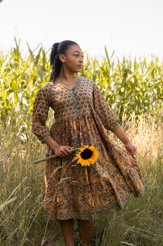 New Leana-Bohemian Dress,Hand Block Printed Cotton,Casual,Occasional,Pure Cotton,Handcrafted,Ethical Fashion,Floral,Golden Brown,Summer