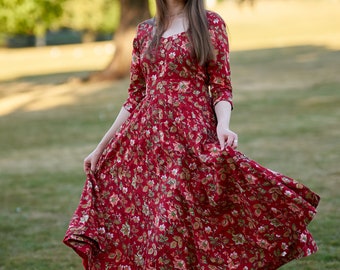 Scarlett-Dress,Floral,Hand Block Printed,Bohemian,Red,Casual,Occasional,Pure Cotton,Handmade,Ethical Fashion,Panelled,Limited Edition