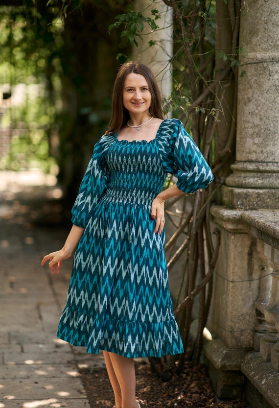blue ikat dress Heidi-midi Dress,knee Length,ikat,hand Loom,bohemian,turquoise,white,casual,occasional,pure Cotton,handmade,ethical Fashion neckline: collar Light Blue Whimsical Fairy Size:US12 - IT42 drawn geometric medallions