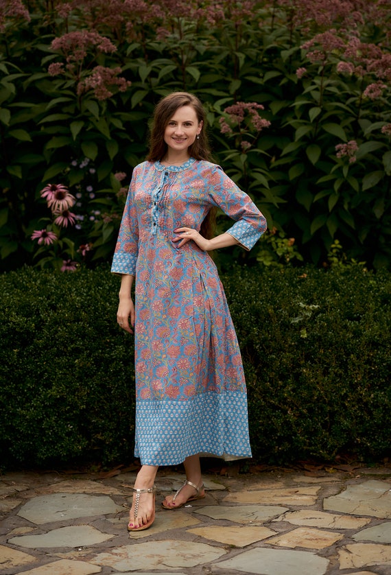 Lucy dress a line calf Length bohemian holiday pure Cotton hand Block Printed blue peach handmade ethical Fashion spring summer autumn Etsy Canada