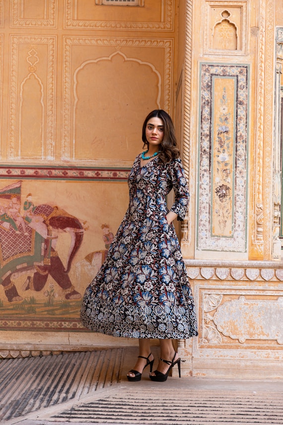 Shivani dress calf Length hand Block Printed bohemian floral black cream blue red casual occasional handmade ethical Fashion panelled Etsy Canada