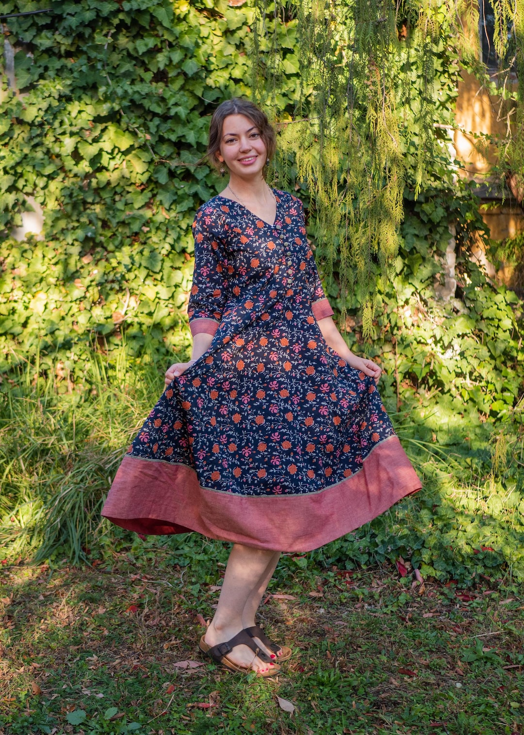 Rosalie-dress,calf Length,hand Block Printed,bohemian,floral,dark