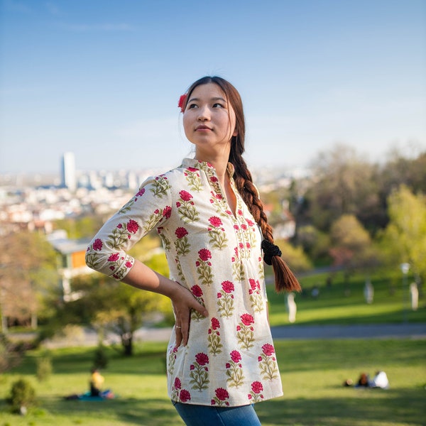 Neue Mughal GartenTunika Shirt,reine Baumwolle, Hand Block gedruckt, Urlaub, Lässig, Weiß, Rosa,Boho,Floral,Ethische Mode,Handgefertigt,Sommer