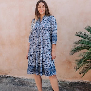 New Selena-Bohemian Dress,Hand Printed Cotton,Casual,Occasional,Pure Cotton,Handcrafted,Ethical Fashion,Floral,White,Blue,Summer