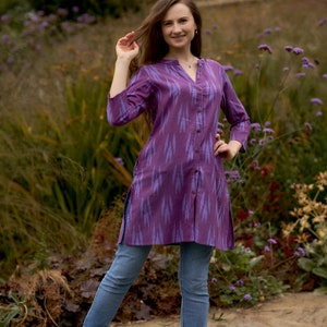 Nisanga-Tunic Shirt,Pure Cotton,Hand Loom Ikat,Bohemian,Casual-Occasional,Holiday,Spring-Summer,Purple,Handcrafted,Ethical Fashion