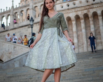 New Olivia-Anarkali Dress,Hand Block Printed,Bohemian,Grey,Green,White,Wrap Dress,Casual,Occasional,Floral,Pure Cotton,Ethical Fashion