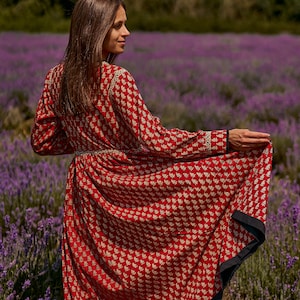 New Katie-Bohemian Midi Dress,Hand Block Printed Cotton,Casual,Occasional,Pure Cotton,Handcrafted,Ethical Fashion,Floral,Black,Cream,Red image 10