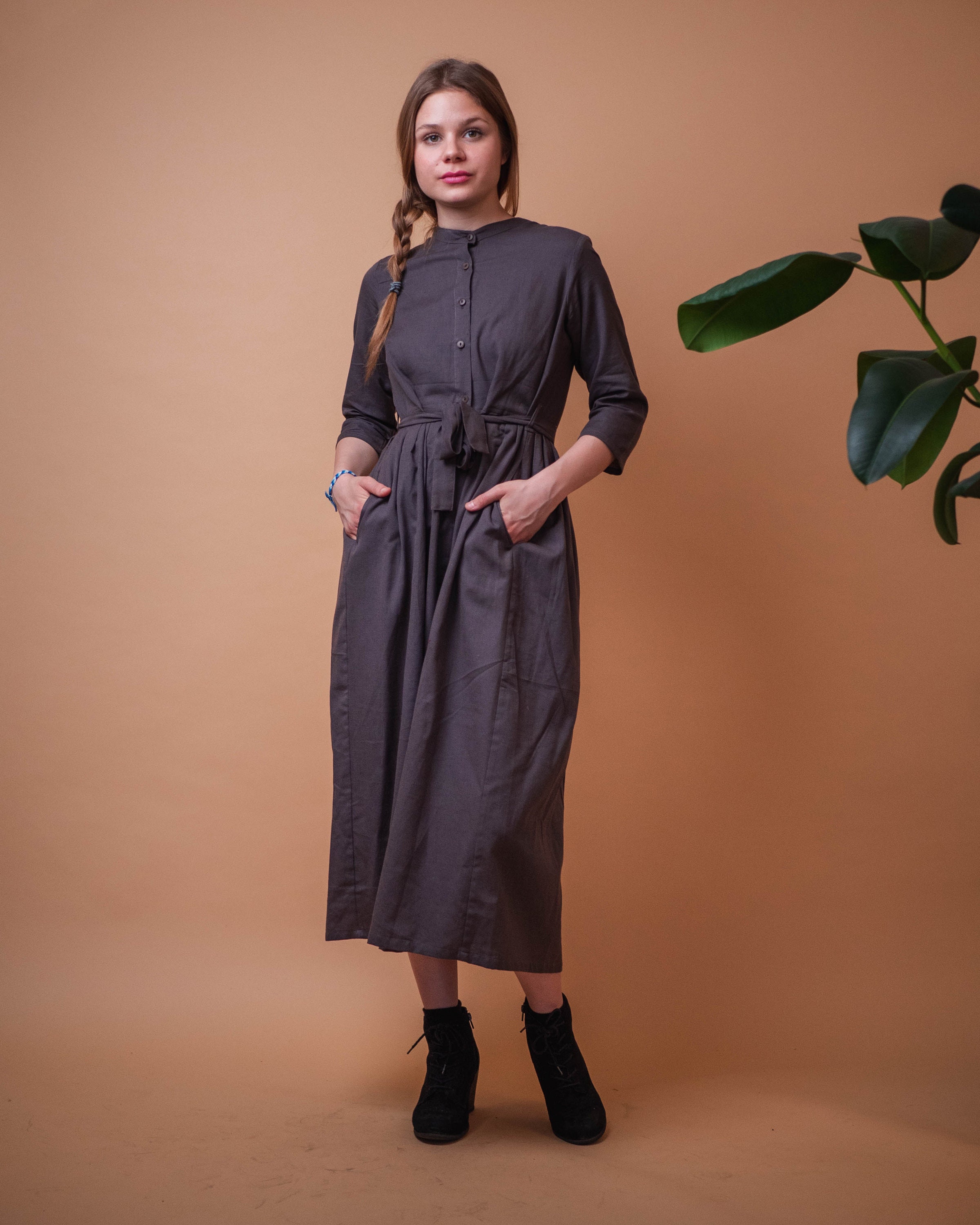 Sofia/grey Button Down Dress,pure Cotton,bohemian,casual