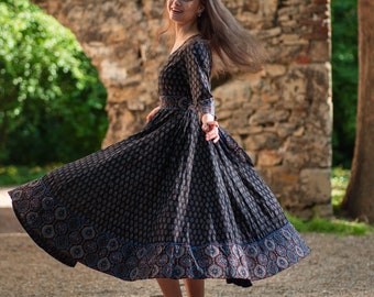 New Dinah Anarkali Dress,Pure Cotton,Ajrakh,Bohemian,Occasional,Black,Blue,Hand Block Printed,Ethical Fashion,Handcrafted,Panelled