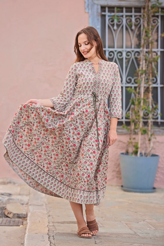 New Katie-bohemian Midi Dress,hand Block Printed Cotton,casual