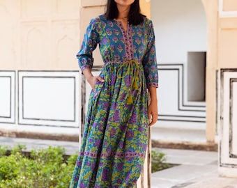New Mohana Dress,Pure Cotton,Hand Block Printed,Bohemian,Casual-Occasional,Holiday,Summer,Lilac,Green,Handcrafted,Ethical Fashion