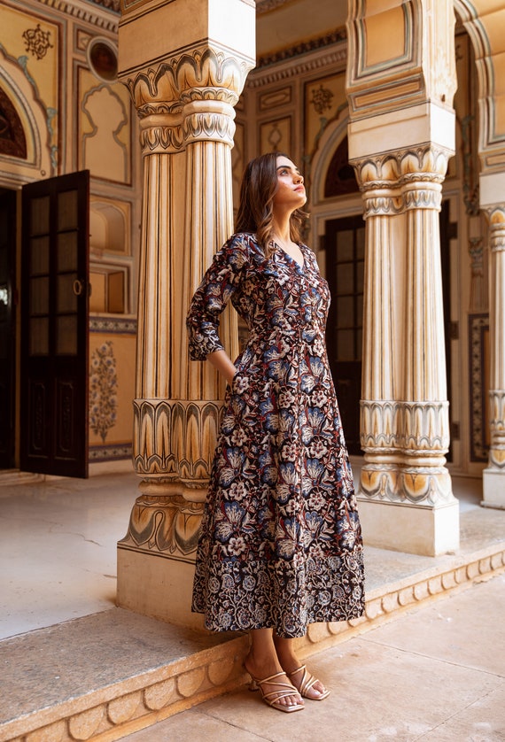 red black and cream dress Shivani-Dress,Calf Length,Hand Block Printed,Bohemian,Floral,Black,Cream,Blue,Red,Casual,Occasional,Handmade,Ethical Fashion,Panelled