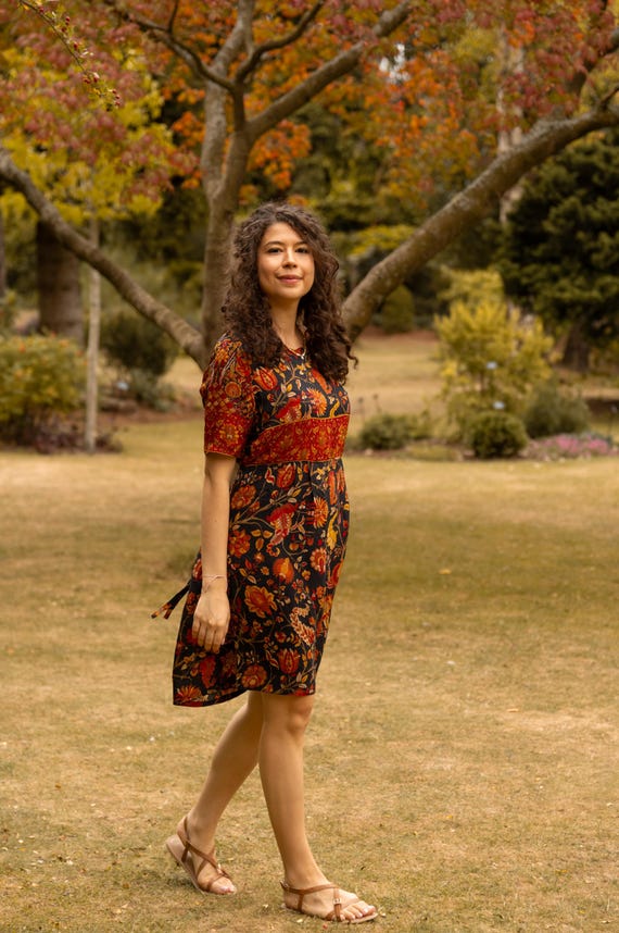 Saradiya-Pure Silk Dress,Knee Length,Beach,Orange-Red-Black,Floral,Crepe de chine,Bohemian,Handmade,Ethical Fashion,Unique,Spring,Summer Saradiya-Pure Silk Dress,Knee Length,Beach,Orange-Red-Black,Floral,Crepe de chine,Bohemian,Handmade,Ethical Fashion,Unique,Spring,Summer