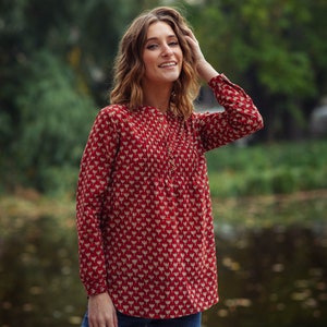 New Chameli Tunic Shirt,Pure Cotton,Hand Block Printed,Floral,Holiday,Casual,Red,Cream,Bohemian,Kurti,Ethical Fashion,Handcrafted,Summer