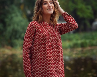 New Chameli Tunic Shirt,Pure Cotton,Hand Block Printed,Floral,Holiday,Casual,Red,Cream,Bohemian,Kurti,Ethical Fashion,Handcrafted,Summer