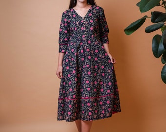 Rosalie-Dress,Calf Length,Hand Block Printed,Bohemian,Floral,Dark Blue,Pink,Casual,Occasional,Handmade,Ethical Fashion,Panelled