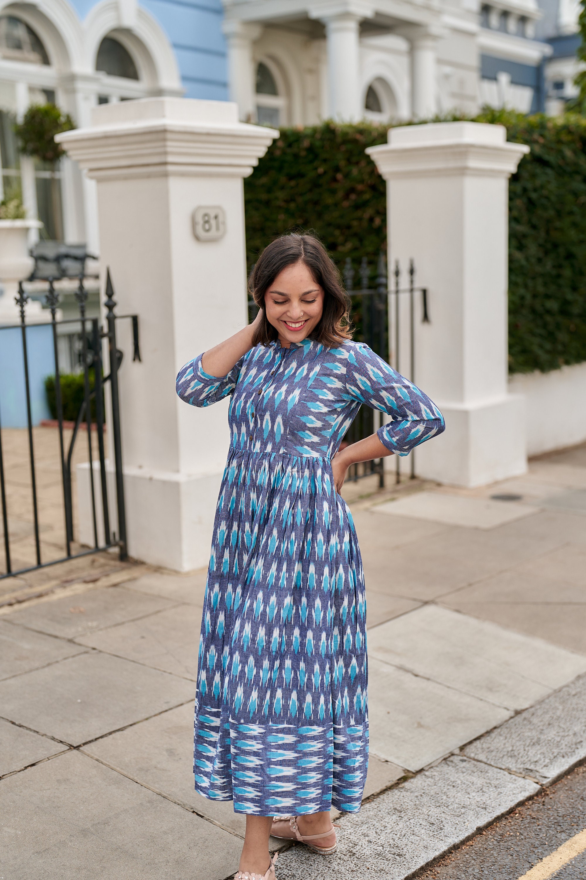 New Varuni Dress,Pure Cotton,Handloom,Ikat,Bohemian,Casual-Occasional,Holiday,Summer,Blue,Handcrafted,Ethical Fashion