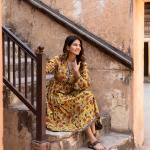 Lemon Yellow Handspun Cotton Bohemian Midi Dress main image 0