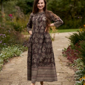 Dharati-Dress,A-line,Calf Length,Bohemian,Holiday,Pure Cotton,Hand Block Printed,Grey,Brown,Handmade,Ethical Fashion,Spring-Summer-Autumn