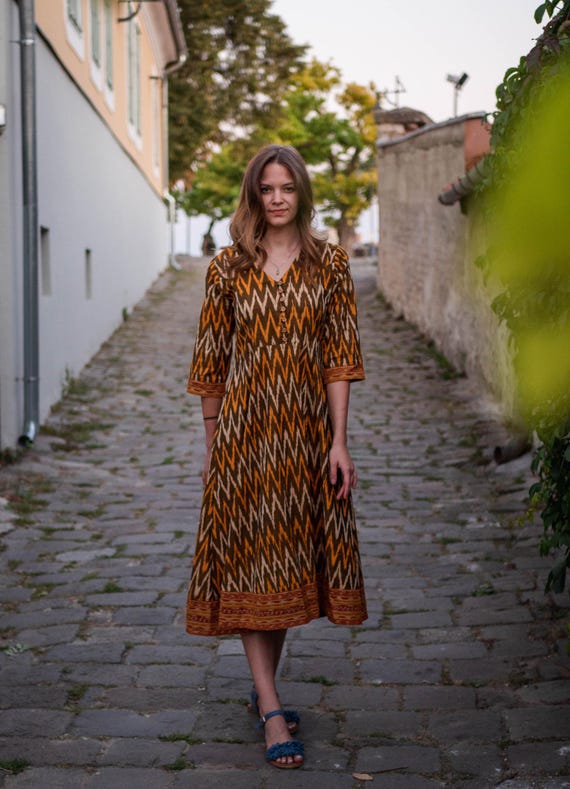 Revati-Dress,Calf Length,Ikat,Hand Loom,Bohemian,Brown,Yellow,White,Casual,Occasional,Pure Cotton,Handmade,Ethical Fashion,Panelled