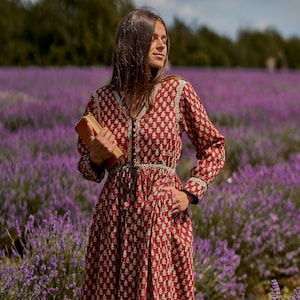 New Katie-Bohemian Midi Dress,Hand Block Printed Cotton,Casual,Occasional,Pure Cotton,Handcrafted,Ethical Fashion,Floral,Black,Cream,Red image 7