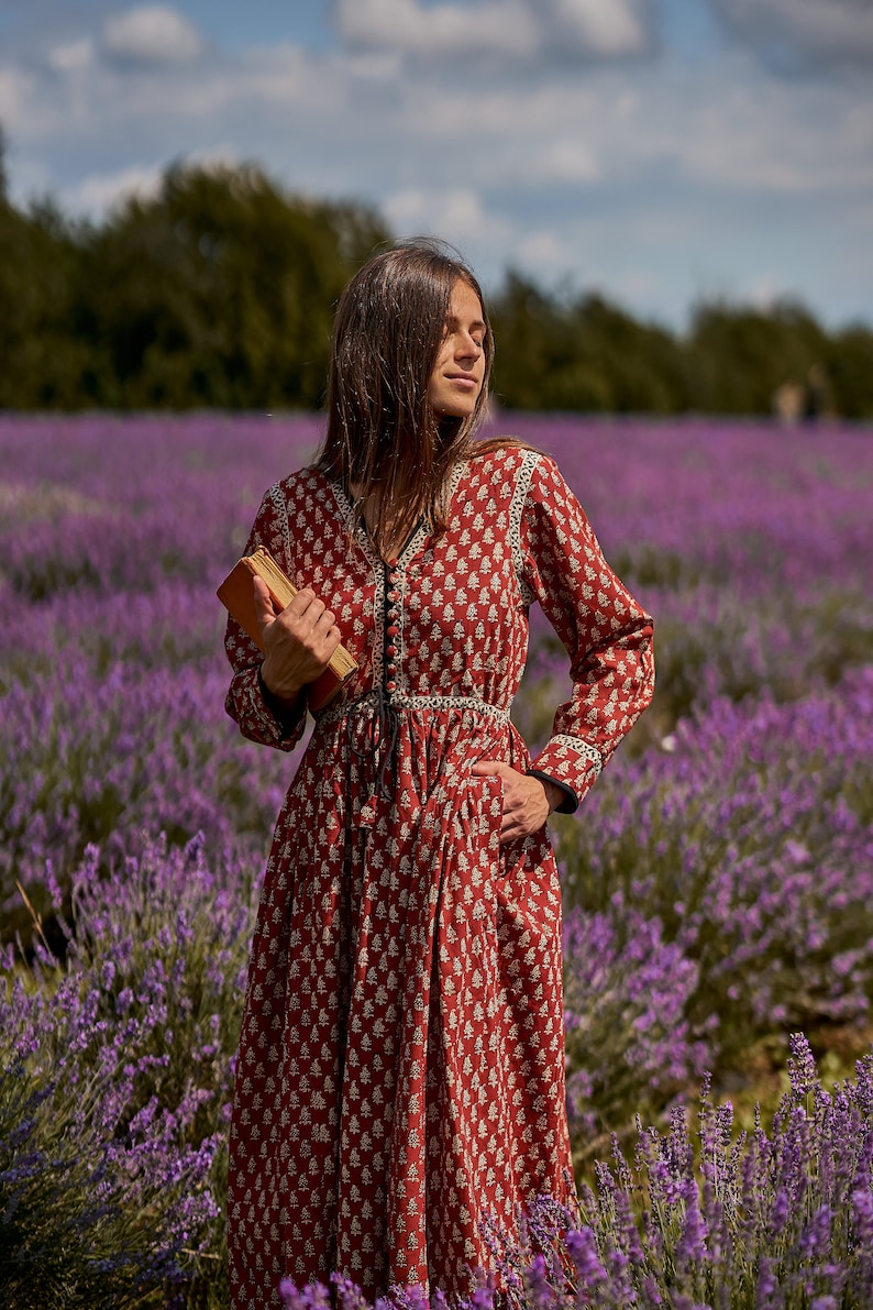 New Katie-Bohemian Midi Dress,Hand Block Printed Cotton,Casual,Occasional,Pure Cotton,Handcrafted,Ethical Fashion,Floral,Black,Cream,Red image 7