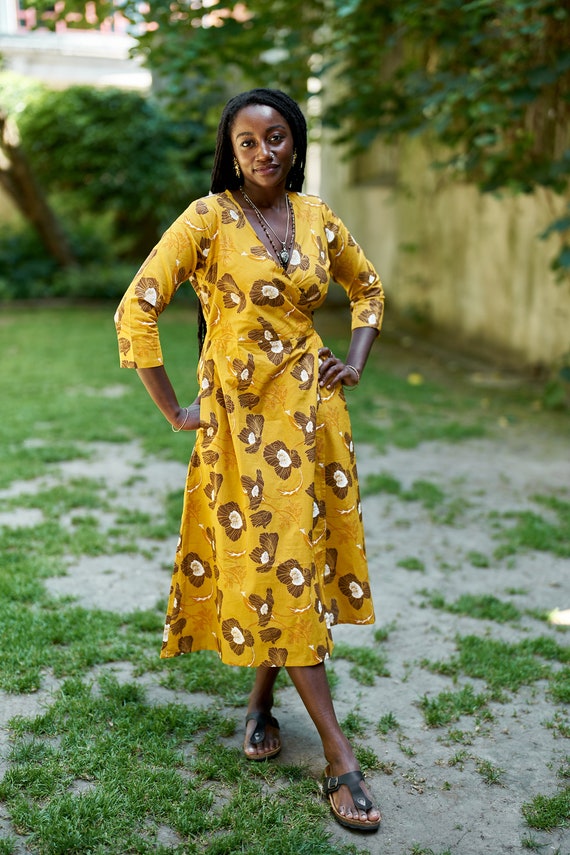 New Marigold-wrap Dress,hand Block Printed,bohemian,yellow,brown,casual,occasional,floral,pure  Cotton,ethical Fashion,adjustable Waist - Etsy Canada