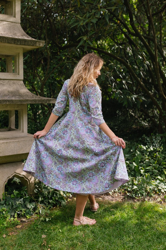 Violette-Dress,Calf Length,Hand Block Printed,Bohemian,Floral,Green,Lilac,Casual,Occasional,Handmade,Ethical Fashion,Panelled