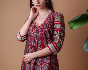 Neues Vaani Tunika Kleid,Reine Baumwolle,Handblock bedruckt,floral,Urlaub,lässig,rot,grau,schwarz,Boho,Ethno,Ethische Mode,Handarbeit,Sommer