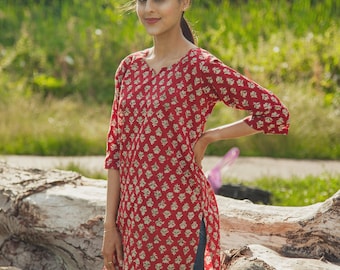 New Anandini- Tunic-Top,Pure Cotton,Hand Block Printed,Holiday,Casual,Red,White,Bohemian,Floral,Kurti,Ethical Fashion,Handcrafted