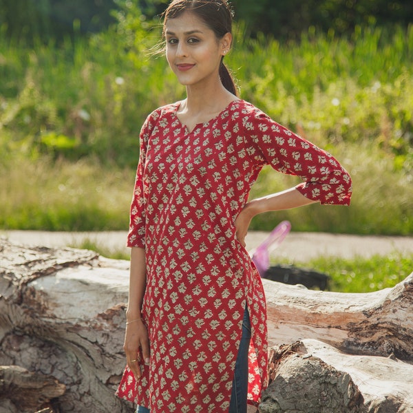 New Anandini- Tunic-Top,Pure Cotton,Hand Block Printed,Holiday,Casual,Red,White,Bohemian,Floral,Kurti,Ethical Fashion,Handcrafted