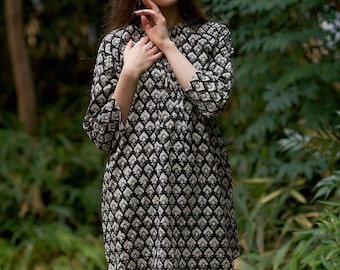 New Kelaya Tunic Shirt,Pure Cotton,Hand Block Printed,Floral,Holiday,Casual,Black,Grey,White,Bohemian,Kurti,Ethical Fashion,Handcrafted