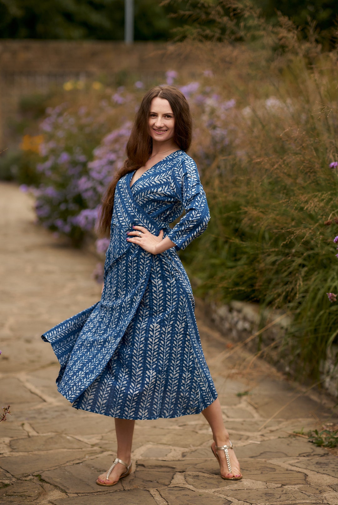 New Kalpanawrap Dress,hand Block Printed,bohemian,indigo Blue,casual
