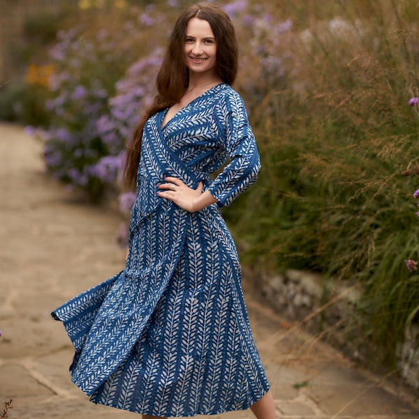 New Kalpana-Wrap Dress,Hand Block Printed,Bohemian,Indigo Blue,Casual,Occasional,Striped,Pure Cotton,Ethical Fashion,Adjustable Waist