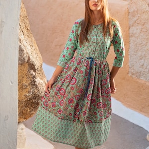 New Zahara Dress,Pure Cotton,Hand Block Printed,Bohemian,Casual-Occasional,Holiday,Summer,Turquoise,Pink,Handmade,,Ethical Fashion