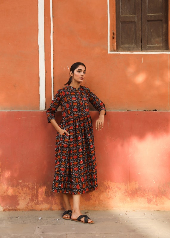 Buy New Mira Dress,pure Cotton,hand Block Printed,bohemian,casual -occasional,holiday,summer,black,red,handcrafted,ethical Fashion Online in  India 